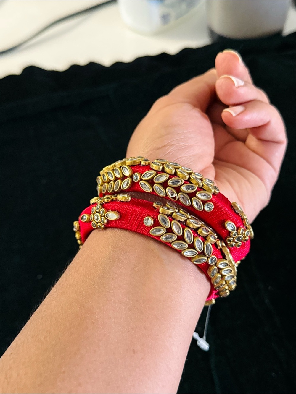 Red and Gold Kundan-Style Fabric Bangle Bracelet Set